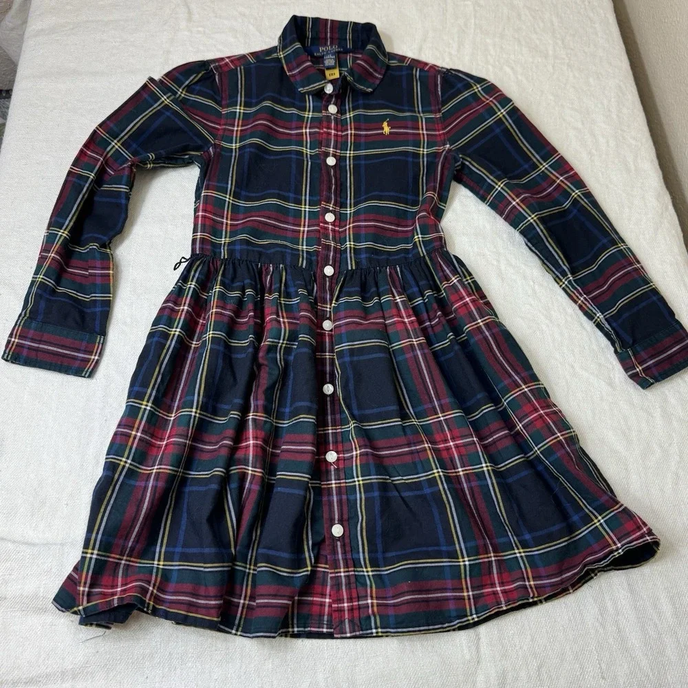 Polo Ralph Lauren Girls Plaid Shirt Dress Red Blue Tartan Size 6X Holiday Xmas